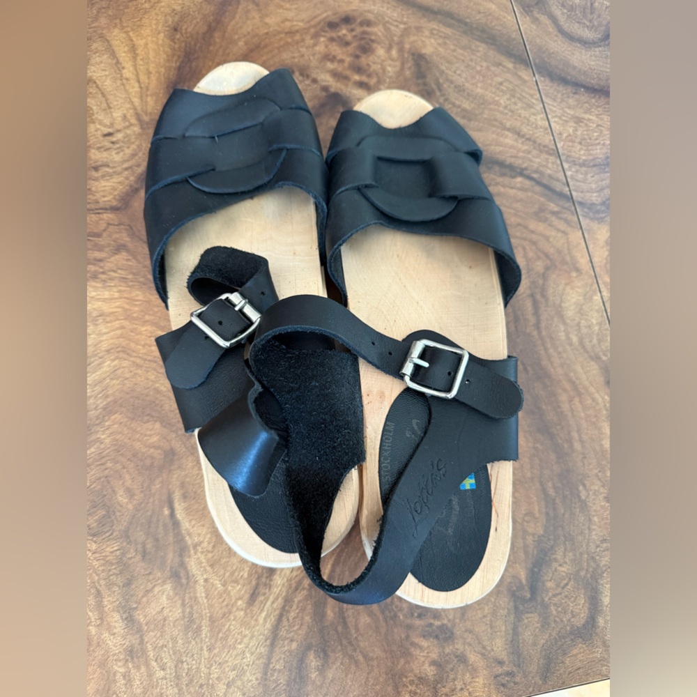 LOTTA Swedish High Heel Peep Toe Clogs Women Black Oiled Leather  SZ 9